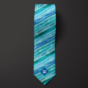 Turkoois en Blauw Waterverf Gestreept Stropdas