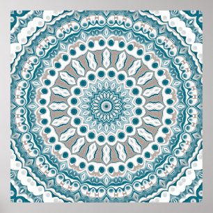 Turkoois en Crème Stralend Mandala Ontwerp Poster