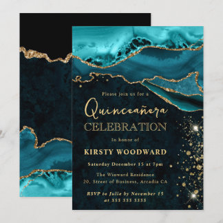 Turkoois en Goud Glitter Agate Quinceanera Kaart