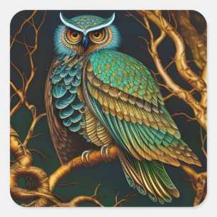 Turkoois en Gouden Uil Vierkante Sticker