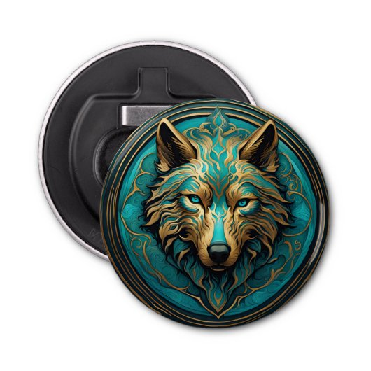 Turkoois en Gouden Wolf Button Flesopener (Voorkant)