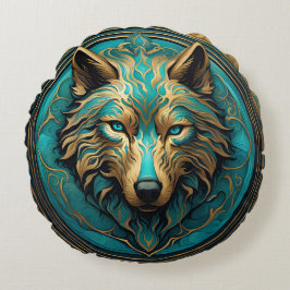 Turkoois en Gouden Wolf Rond Kussen