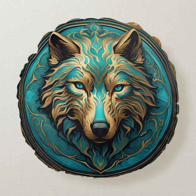 Turkoois en Gouden Wolf Rond Kussen (Voorkant)