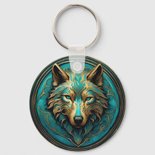 Turkoois en Gouden Wolf Sleutelhanger