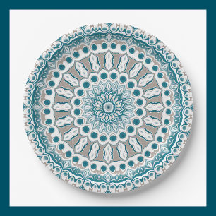 Turkoois en Ivoor Mandala Patroonontwerp Papieren Bordje