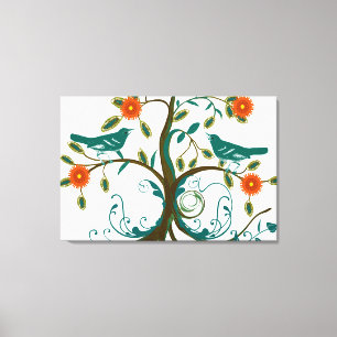 Turkoois en Oranje Vintage Liefdesvogels Canvas Afdruk