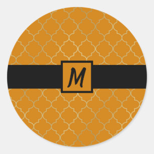 Turkoois Geel Goud Quatrefoil Monogram Feest Ronde Sticker