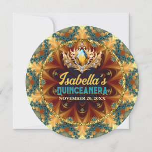 Turkoois Gele Fractale Kant & Tiara Quinceañera Kaart