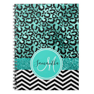 Turkoois Glitter Namaak Luipaardprint Monogram Notitieboek