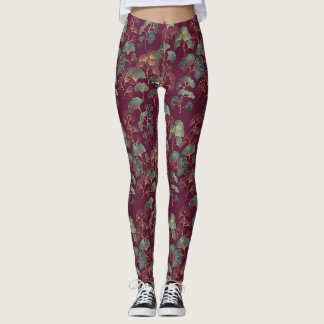 Turkoois & Goud Ginkgo Bladeren op Burgundy Leggings