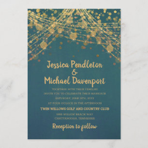 Turkoois Gouden Glitter Slingerlichten Bruiloft Kaart