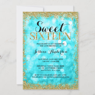 Turkoois Gouden Nep Glitter Lichtjes Sweet 16 Verj Kaart