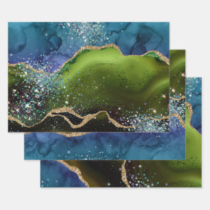Turkoois & Groen & Goud Glitter Pauw Agaat Inpakpapier Vel