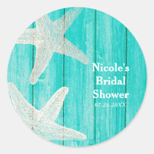 Turkoois hout & zeester strand elegante tropische  ronde sticker