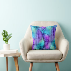 Turkoois Paarse en Blauwe Aquarel Marmer Kussen