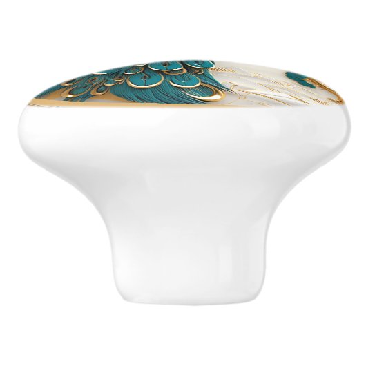 Turkoois Pauwen Oog Gouden Tak Witte Bloemen Keramische Knop (Zijkant)