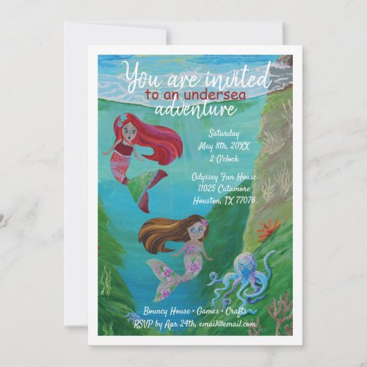 Turkoois, rood, blauwe zeemeermin oceaan verjaarda kaart (Voorkant)