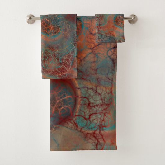 Turkoois, rood en roest marmer abstract bad handdoek (Insitu)