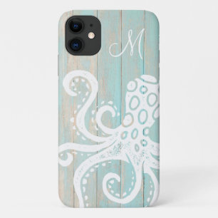 Turkoois strand houten octopus monogram met distre iPhone 11 hoesje