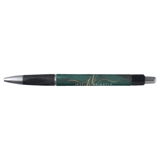 Turkoois Teal Agate Gouden Glitter Script Monogram Pen (Voorkant)