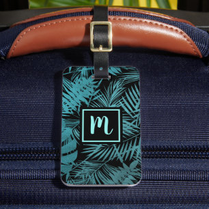 Turkoois tropisch palmblad monogram modern chic bagagelabel