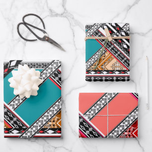 Turkoois - Turquoise en Koraal Vintage Retro Patro Inpakpapier Vel