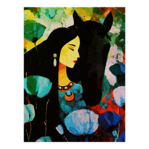 Turkoois Vrouw en Paard Schilderij Perfect Poster