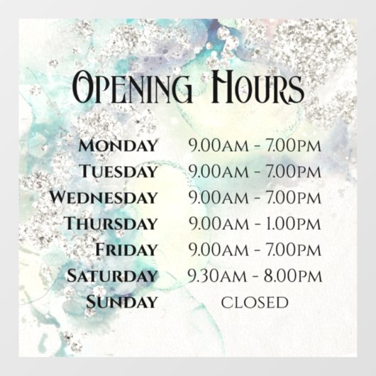 Turkoois Waterverf Glitter Openingsuren Ruitsticke Raamsticker (Vel)