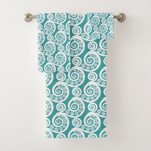 turkoois & witte varen blad krullen wervelingen bad handdoek (Insitu)