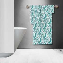  turkoois & witte varen blad krullen wervelingen bad handdoek