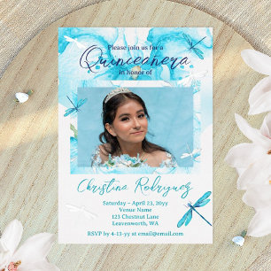 Turkoois, Zilveren Orchidee, Libelle Quinceanera Folie Uitnodiging