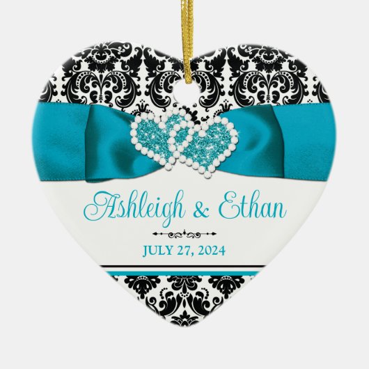 turkoois, zwart damast liefde harten bruiloft keramisch ornament (Voorkant)