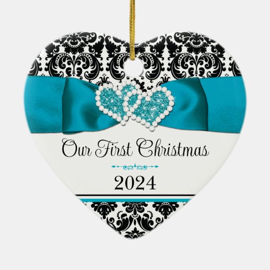 turkoois, zwart damast liefde harten bruiloft keramisch ornament (Achterkant)