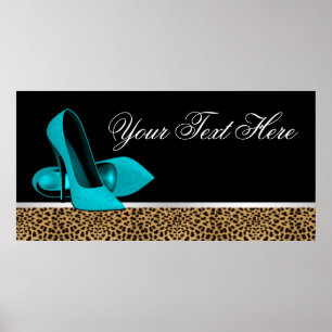 Turkooise hoge hak schoenen luipaard feest banner poster