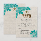Turkooise rozen op linnen bruiloft RSVP Kaart (Voorkant / Achterkant)