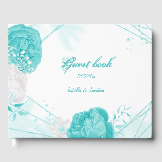 turkooise witte florale bruiloft gastenboek (Voorkant)