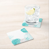 turkooise witte florale bruiloft vierkante kartonnen onderzetter (Insitu)