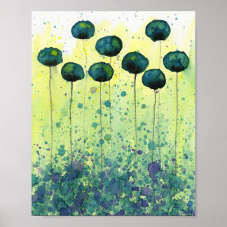 Turkooizen en Lichtgroene Klaprozen, Waterverf Blo Poster