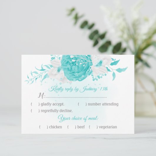 turkooizen witte bloemen botanisch met maaltijdkeu RSVP kaartje (Staand voorkant)