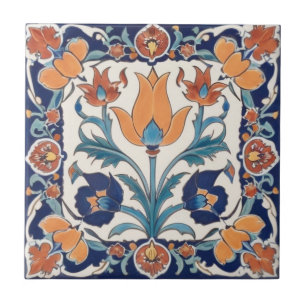 Turks Bloemen Blauw Sinaasappel Groene Bloemen Tegeltje