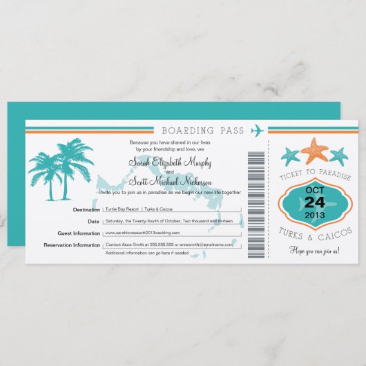 Turks & Caicos Enregistrer la date Carte d'embarqu (Devant / Derrière)