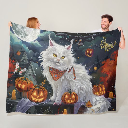 Turkse Angora kat Halloween Spooky Fleece Deken (In situ)