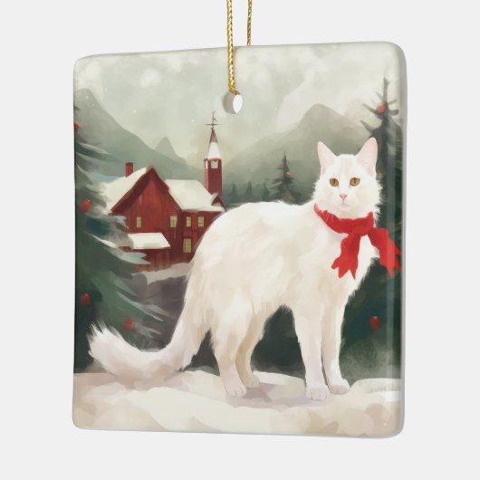 Turkse Angora Kat in Sneeuw Kerstmis Keramisch Ornament (Links)