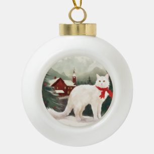 Turkse Angora Kat in Sneeuw Kerstmis Keramische Bal Ornament