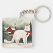 Turkse Angora Kat in Sneeuw Kerstmis Sleutelhanger (Achterkant)