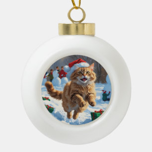 Turkse Angora Kat Lopen in Sneeuw Kerstmuts Keramische Bal Ornament