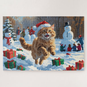 Turkse Angora Kat Lopen in Sneeuw Kerstmuts Legpuzzel