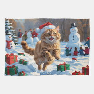 Turkse Angora Kat Lopen in Sneeuw Kerstmuts Theedoek