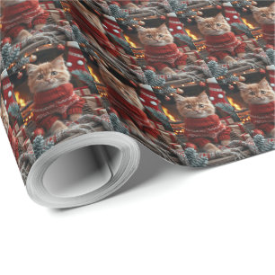 Turkse Angora Kat Met Kerstcadeaus Haard  Cadeaupapier