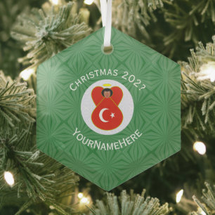 Turkse Vlag Kerst Engel Naam Jaar Hexagoon Glas Ornament